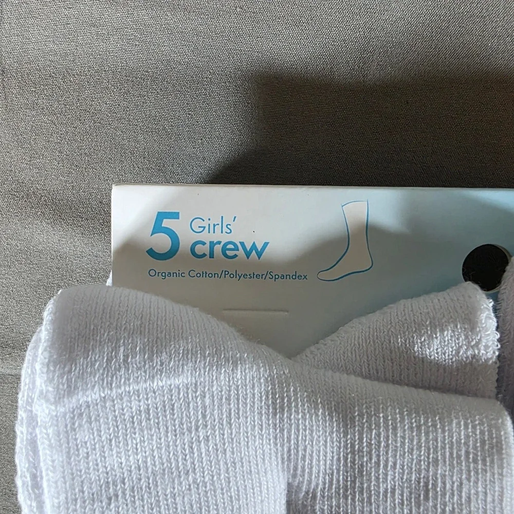 Hanes Premium Pure Comfort Girls Crew Socks 5 Pair White Organic Cotton Size M